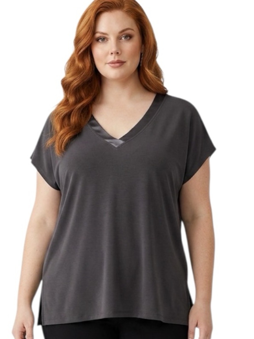 Plus Size 1X Dana Buchman Charcoal V-Neck Short Sleeve Top